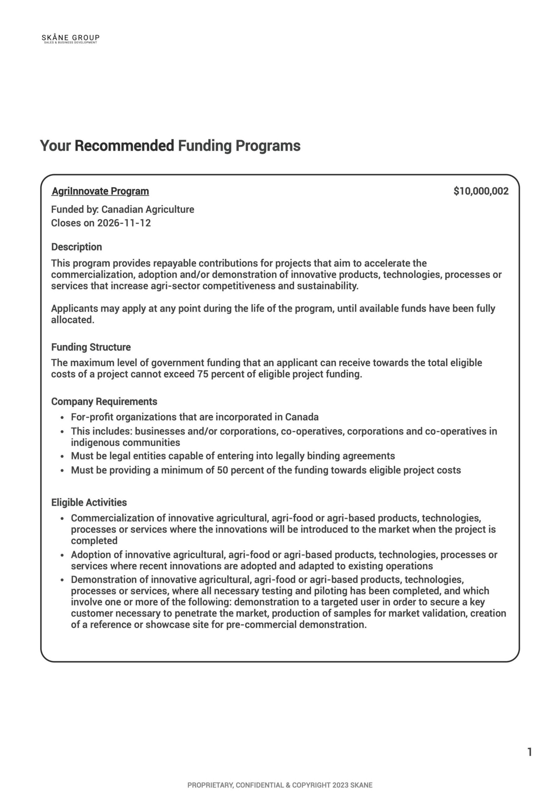 example of the Skåne Group funding report